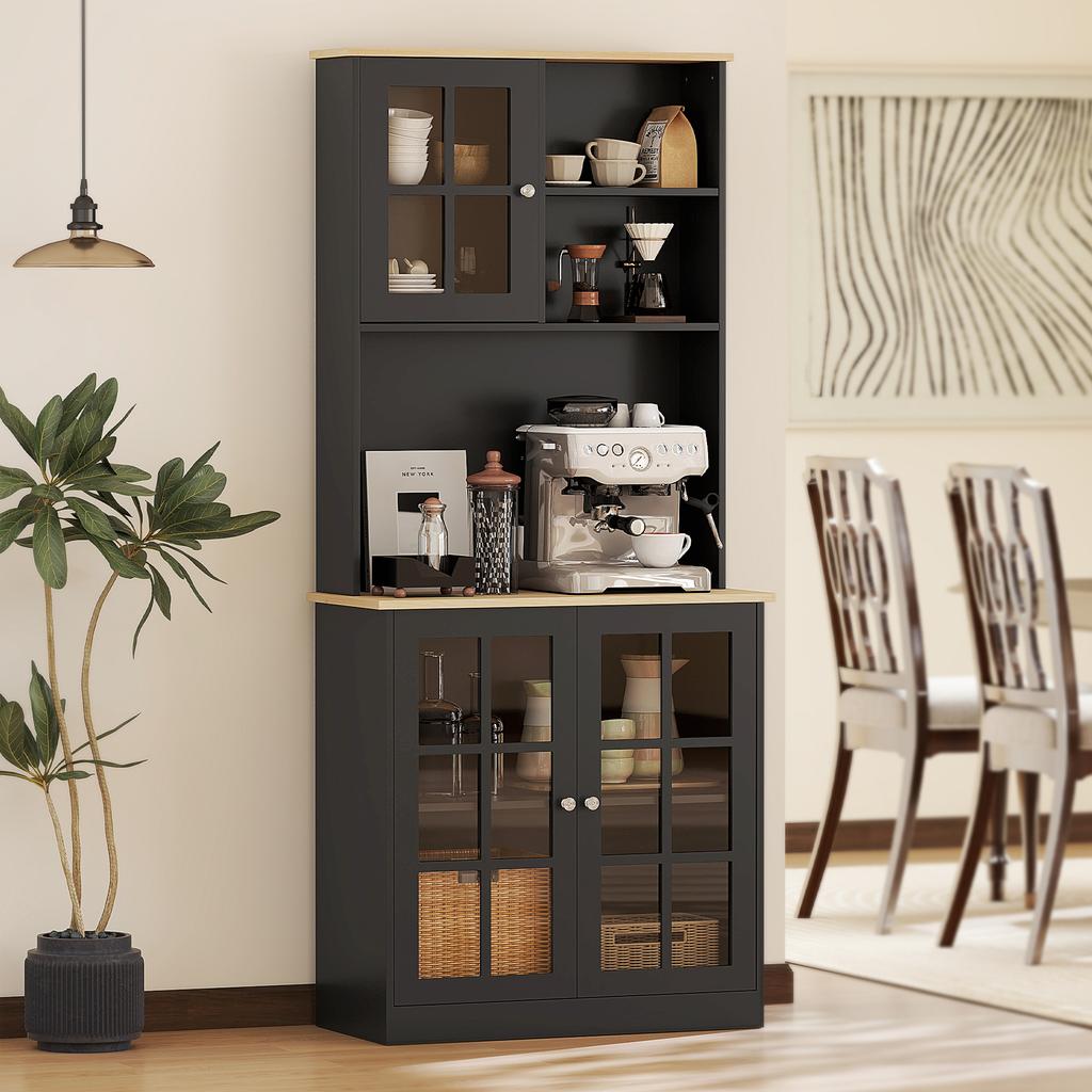 Kitchen Sideboard, Tall Kitchen Storage Unit, Storage Cabinet with Worktop, 3 Glass Doors, 2