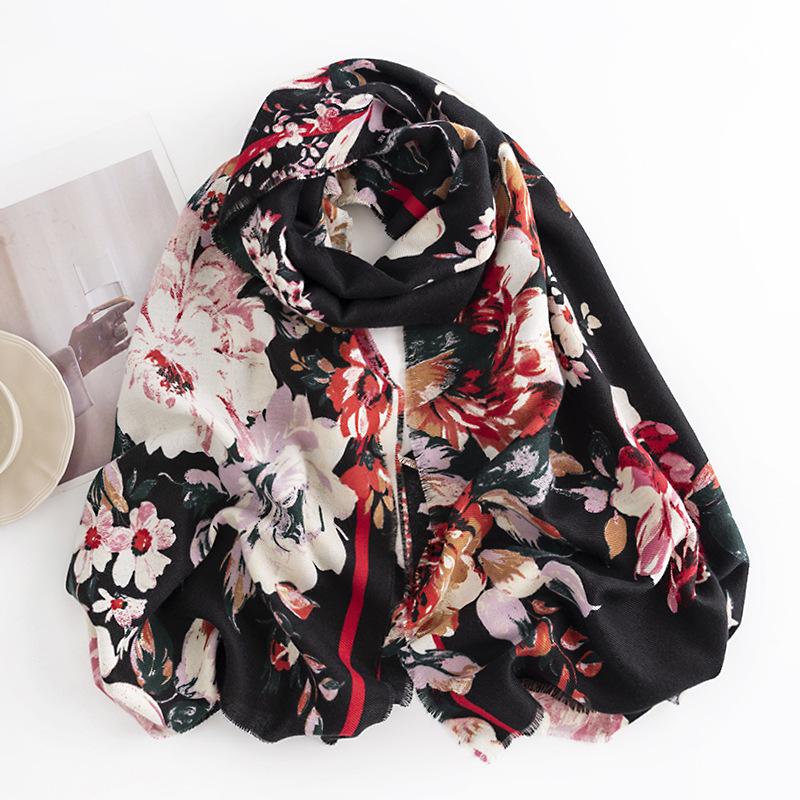 Scarf Women's Printed Chinese Style Camellia Warm Shawl Retro Imitation Cashmere Neck Warmer Coldproof Scarf Fashionable and Elegant Style