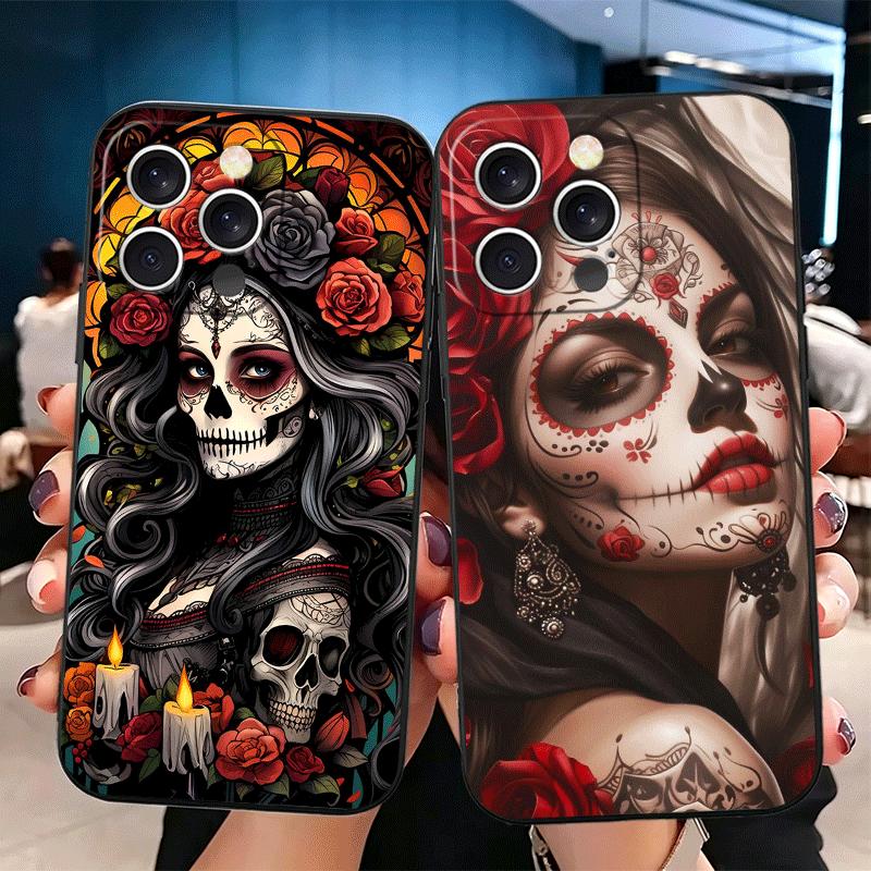 Catrina Beautiful Rose Girl Skull Soft Phone Case for iPhone 16 16E 17 Air 15 Pro Max 14 Plus 13 Mini 11 12 7 Black Cover Back S