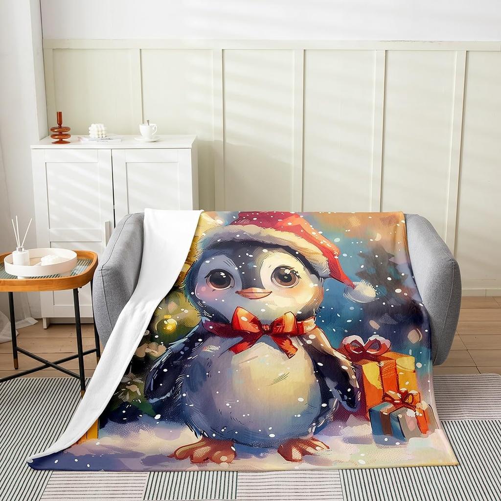 Winter Snowman Throw Blanket Cartoon Farmhouse Rustic Style Flannel Blanket for Kids Teens Adults Watercolor Pine Trees White