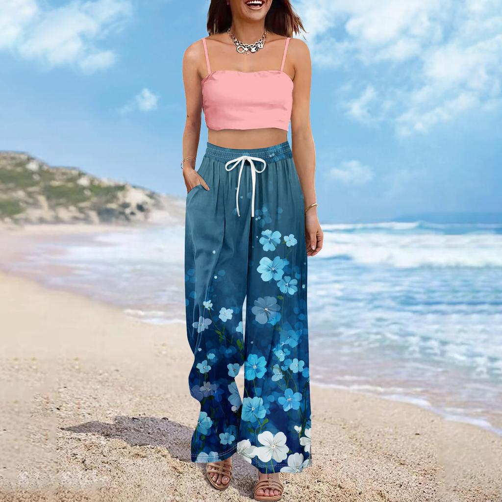 Women Summer Boho Palazzo Pants High Waist Wide Leg Floral Printing Casual Trousers With Pockets