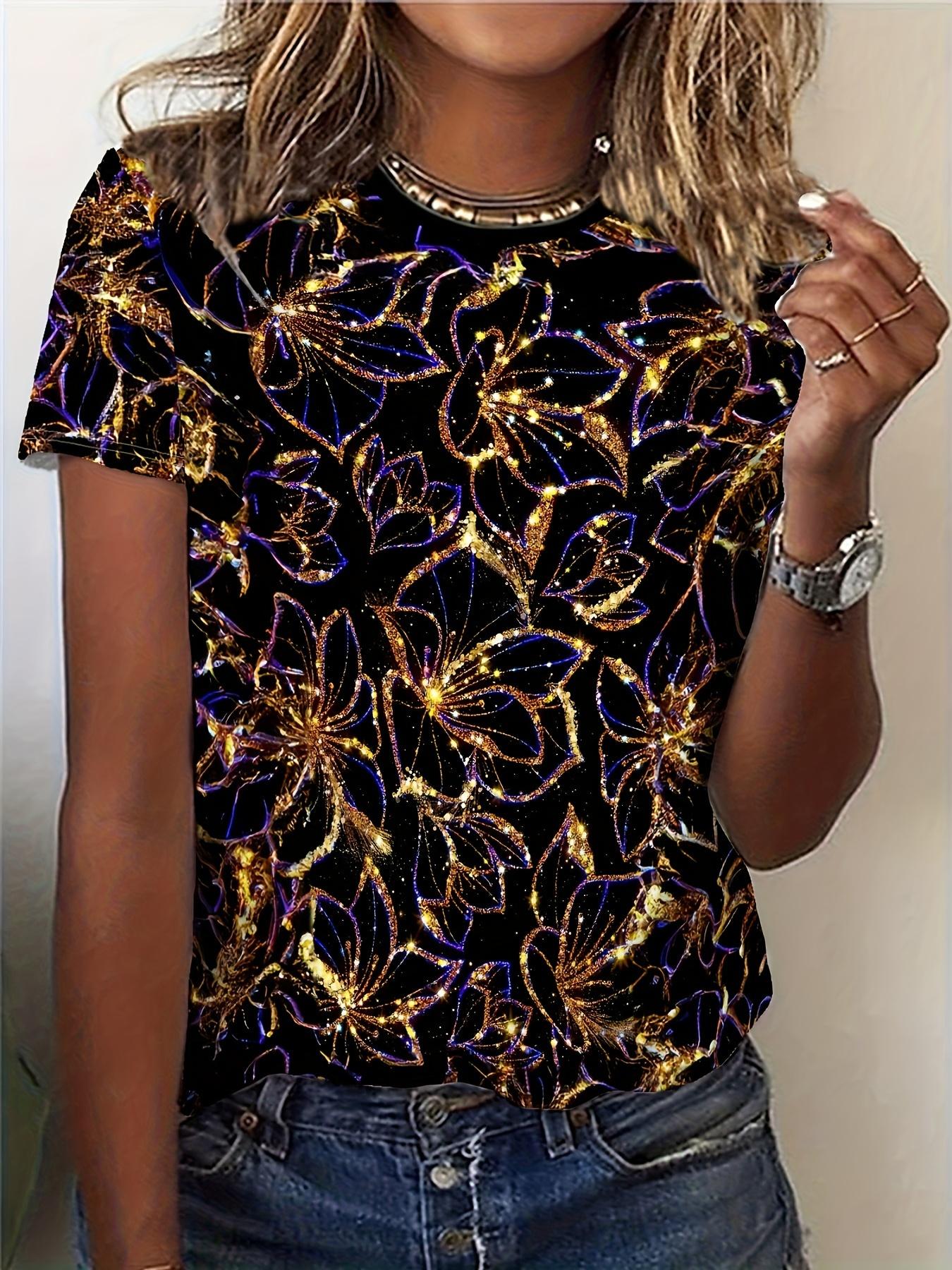 

Glittering Gold & Purple Floral Pattern Graphic 3Dprint Women s Tee - Luxe Shimmering Top 6XL