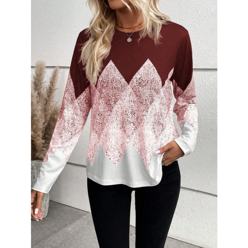 Women's Fashion Casual Spring Fall Rhombus Print Long Sleeve O-Neck Blouses & Shirts