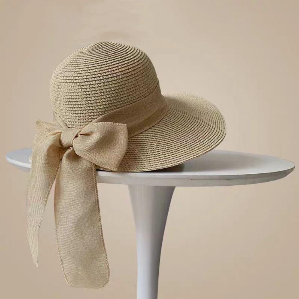 Breathable Big Brimmed Woven Cap Portable Bow Fisherman Cap Foldable Bucket Hat  Spring