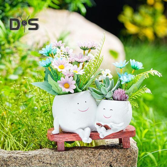 Smile Face Planter Resin Reading Lady Head Girl Face Flower Pot Double Head Succulent Planter with Drainage Hole for Home Office Balcony