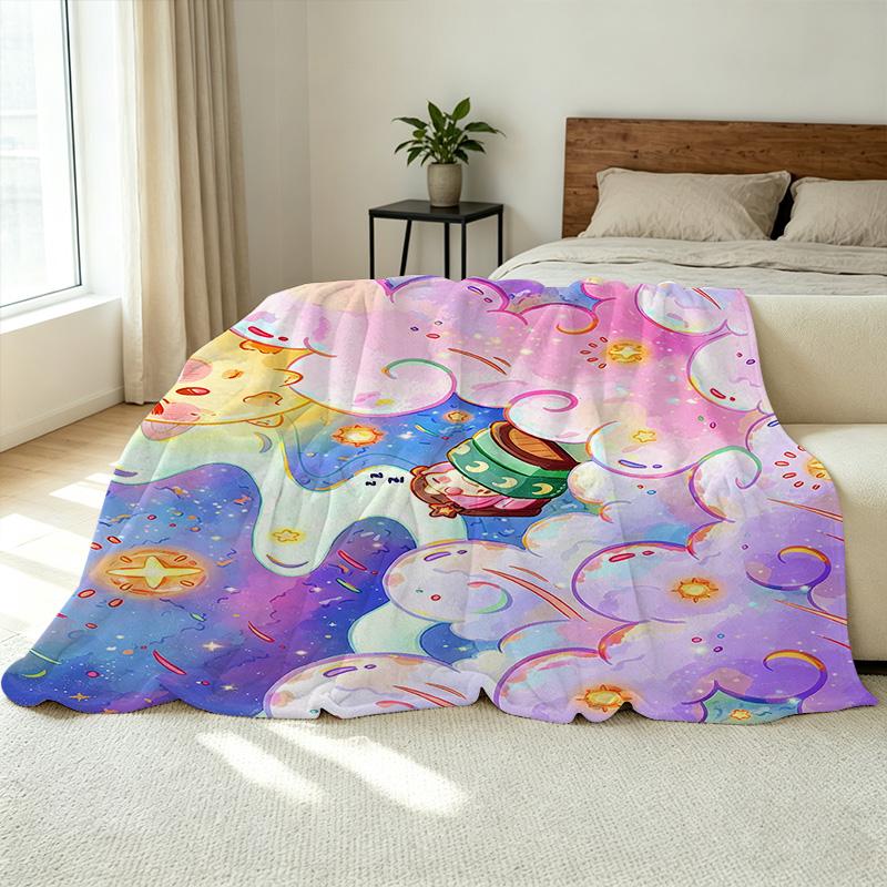 Soft Flannel Fleece Blanket, Cartoon Starry Sky Colorful Breathable Cozy Warm, for Home, Sofa, Nap, Sleep, Office, All Season, Christmas & Halloween