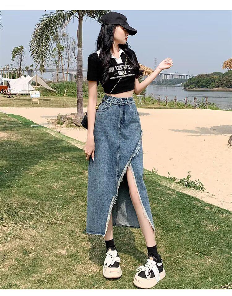 Damen Vintage High Waist A-Linien Denim Midi-Rock mit Fransen-Saum und Trendy Schlitz