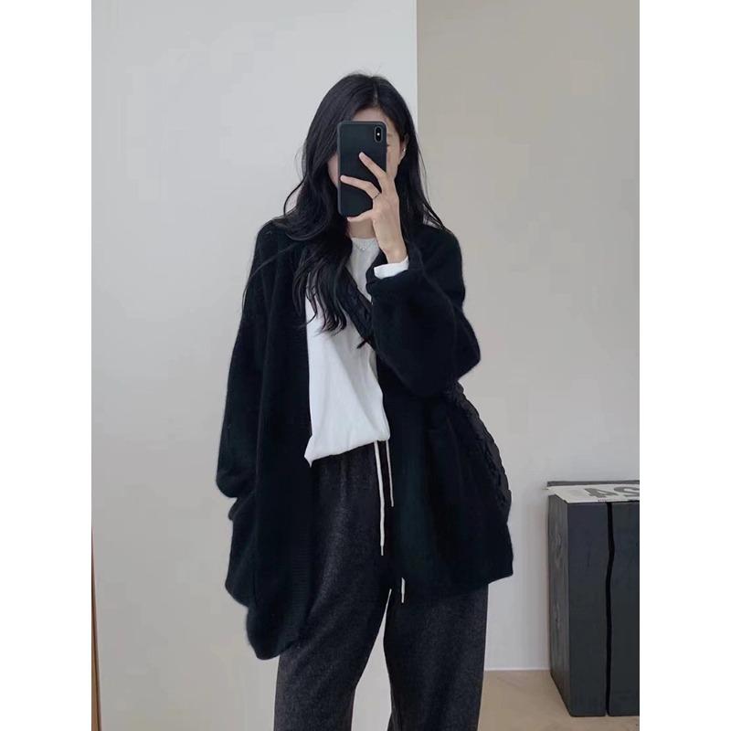 Grey Raccoon Velvet Medium and Long Sweater Jacket for Women's Autumn and Winter Loose and Lazy Style Knitted Cardigan with Outer Wear