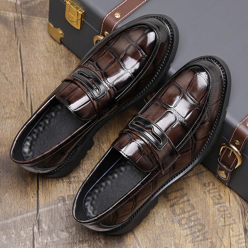 Platform Leather Shoes British Tide Business Dress Shoes Heightening Hair Stylist Big Head Round Head Casual Leather Shoes