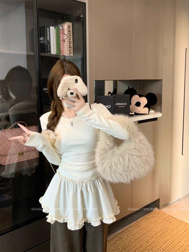 Korean Style Sweet Lace Hem Long Sleeve Women's Slimming Autumn T-shirt