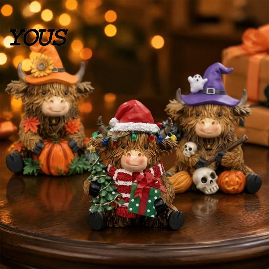 Minimalist Office Desk Decor 3Pcs Highland Cow Figurine, Resin Yak Statues for Thanksgiving Christmas, Creative Decorations Farmhouse Tabletop