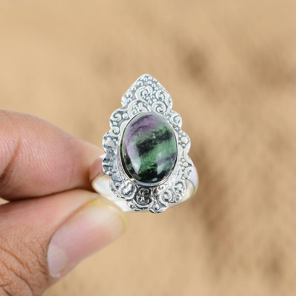925 Silver Oval Ruby Zoisite Stone Statement Daughter Promise Boho Ring Jewelry