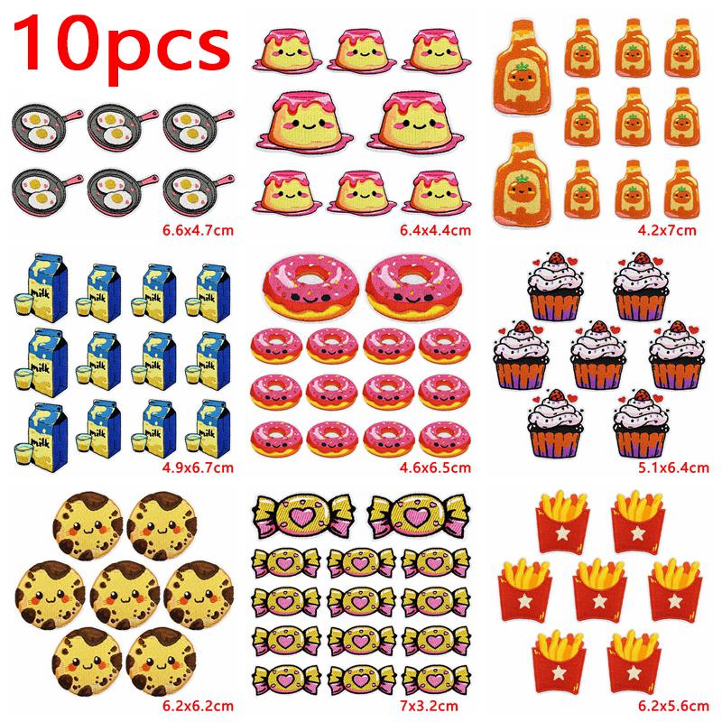 10pcs Cute Cartoon Embroidered Patches Diy Pudding Donuts Ice Cream Doodle Stickers Iron On Patches For Clothing Decoration 