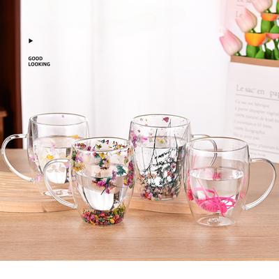 Tazas de Café de Cristal con Flores Artificiales Alta Belleza Vaso de Té de Cristal de Doble Pared Aislado del Calor Vasos para Bebidas de Arena Movediza Tazas para Leche