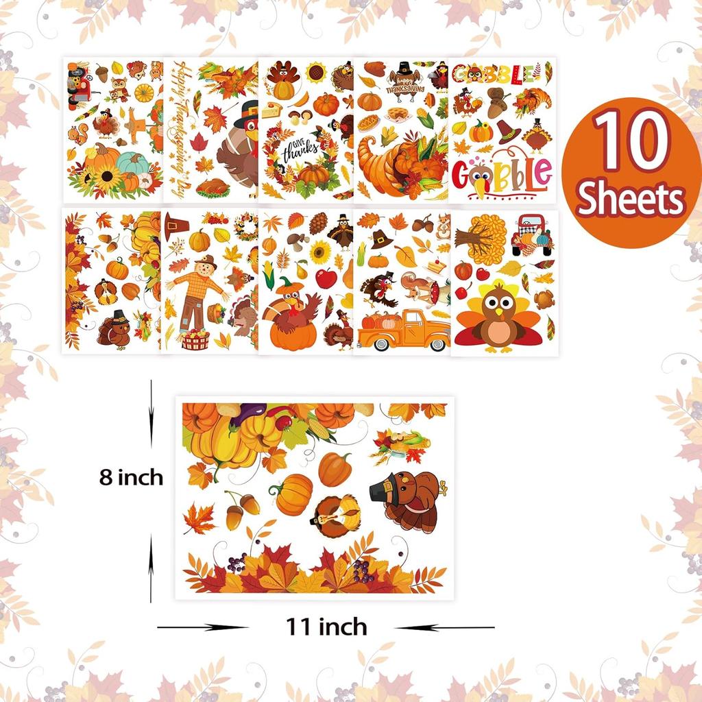 Thanksgiving Fall Window Clings Decorations, 10 Sheets Thanksgiving Window Stickers for Kids Home Office Classroom Party Glass Windows Double Sided