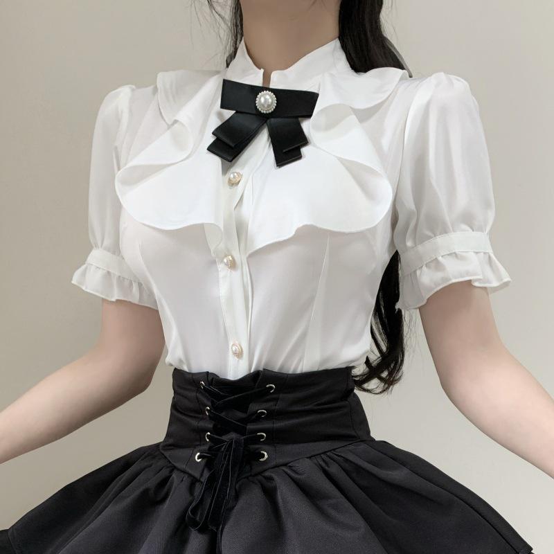 High-Waisted Retro Black Balloon Skirt with Double-Layer Elegant Shirt