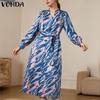 VONDA Oversized Women Casual V Neck Long Sleeve Floral Print Belt Smooth Loose Dress