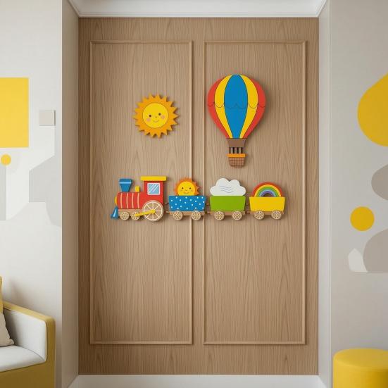Sun Rainbow Cloud Wall Art 4Pcs Cartoon Train Hot Air Balloon 3D Wooden Decor, Colorful Kids Playroom Decor Room Wood Hanging, Nursery Educational