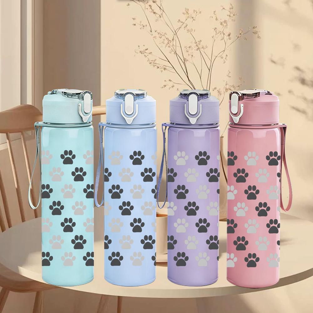 1PC Paw Print Grid Texture 750ml Color Plastic Sports Water Bottle Leakproof Flip Straw Lid For Sports Office Home Use