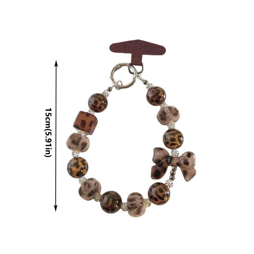 Anti-Lost Leopard Print Phone Charm with Plush Ball Bow Beaded Mobile Phone Charm Chic Simple Mobile Phone Lanyard