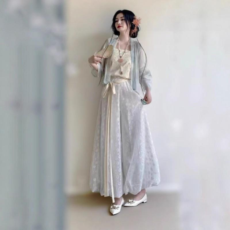 Womens Song Dynasty Style Hanfu Set: Short Top Camisole Bloomer Pants In Chiffon Daily Wear