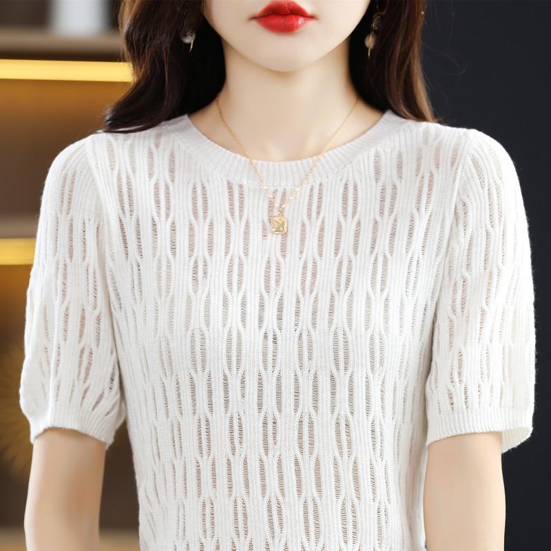 

Hollow Hook-up Knitted Short-sleeved Summer Round Neck Pullover Thin Half-sleeved Top T-shirt Fashionable and Versatile Short-sleeved S