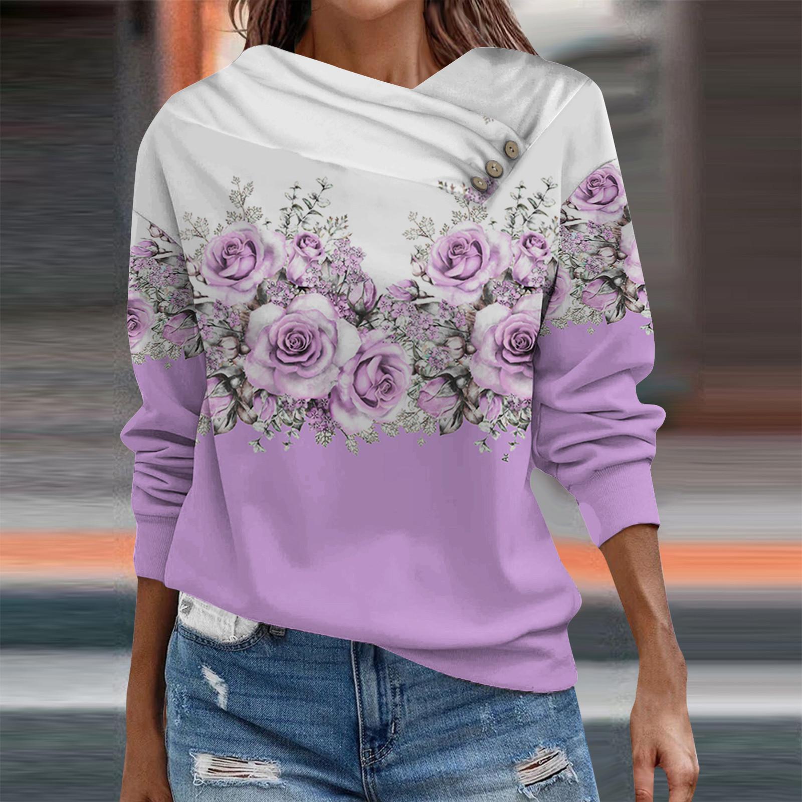 

Hoodies For Women Oversized Sweatshirts Flower Print Fleece Casual Long Sleeve The Collar Of The Sweatshirt Has A Button