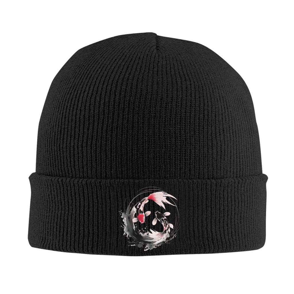 Bonnets tricotés Yin et Yang Poisson Koi Japonais pour Femmes Unisexes Crânes Bonnets d'Automne Hiver Casquettes Melon Décontractées