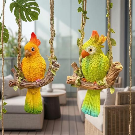 Resin Parrot Swing Figurine Outdoor Hanging Animal Sculpture Tropical Bird Swing Statue for Patio