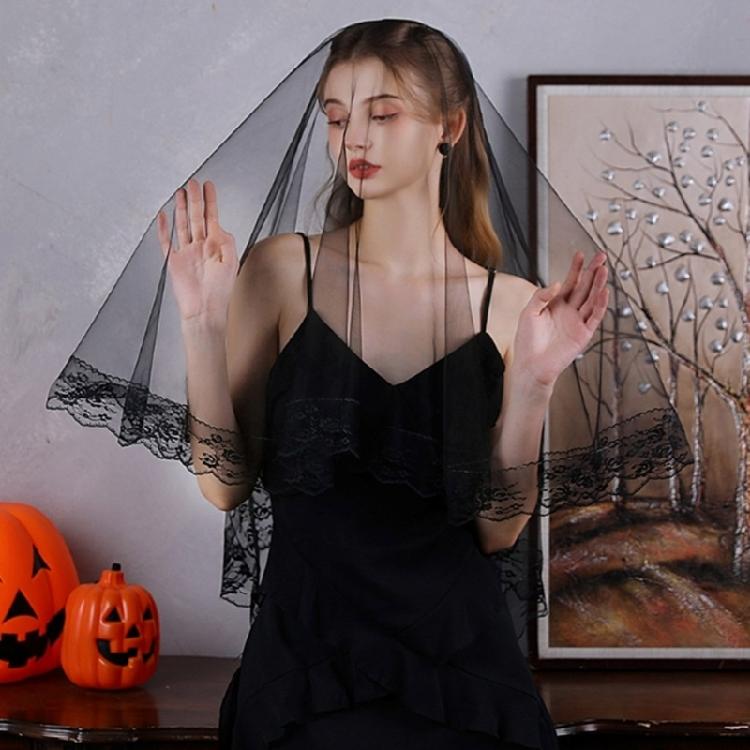Black Lace Bridal Veils Punk Theme Headpiece Easy To Wear Halloween Wedding Accessory for Cosplay Party and Ceremonies