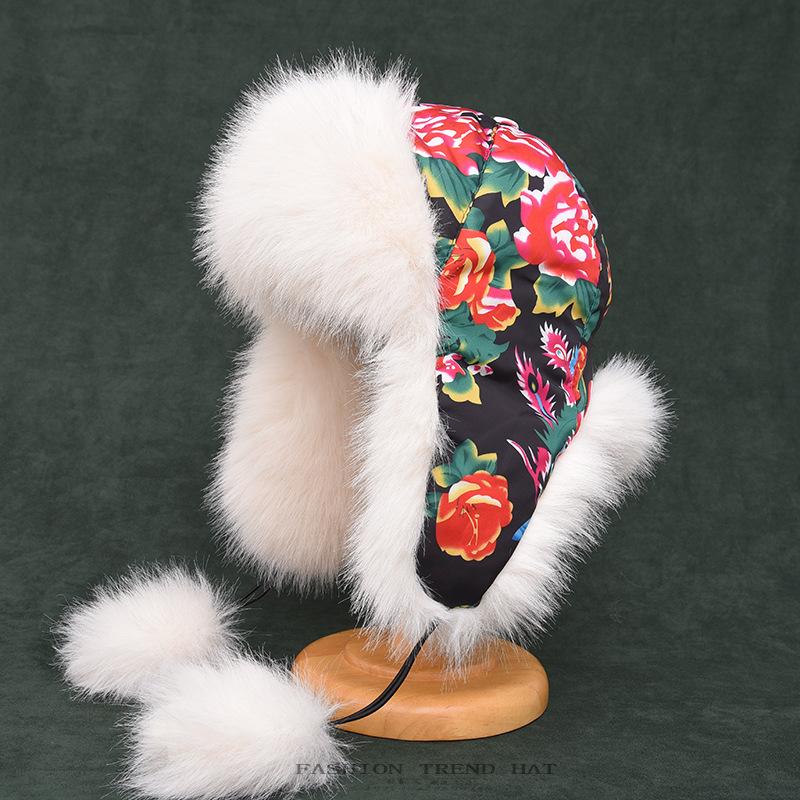 Stor Blomst Plysj Lei Feng Lue Dame Vinter Fortykket Varm Ørebeskyttelseslue Snøland Etnisk Vind Langt Hår Stor Blomst Hatt