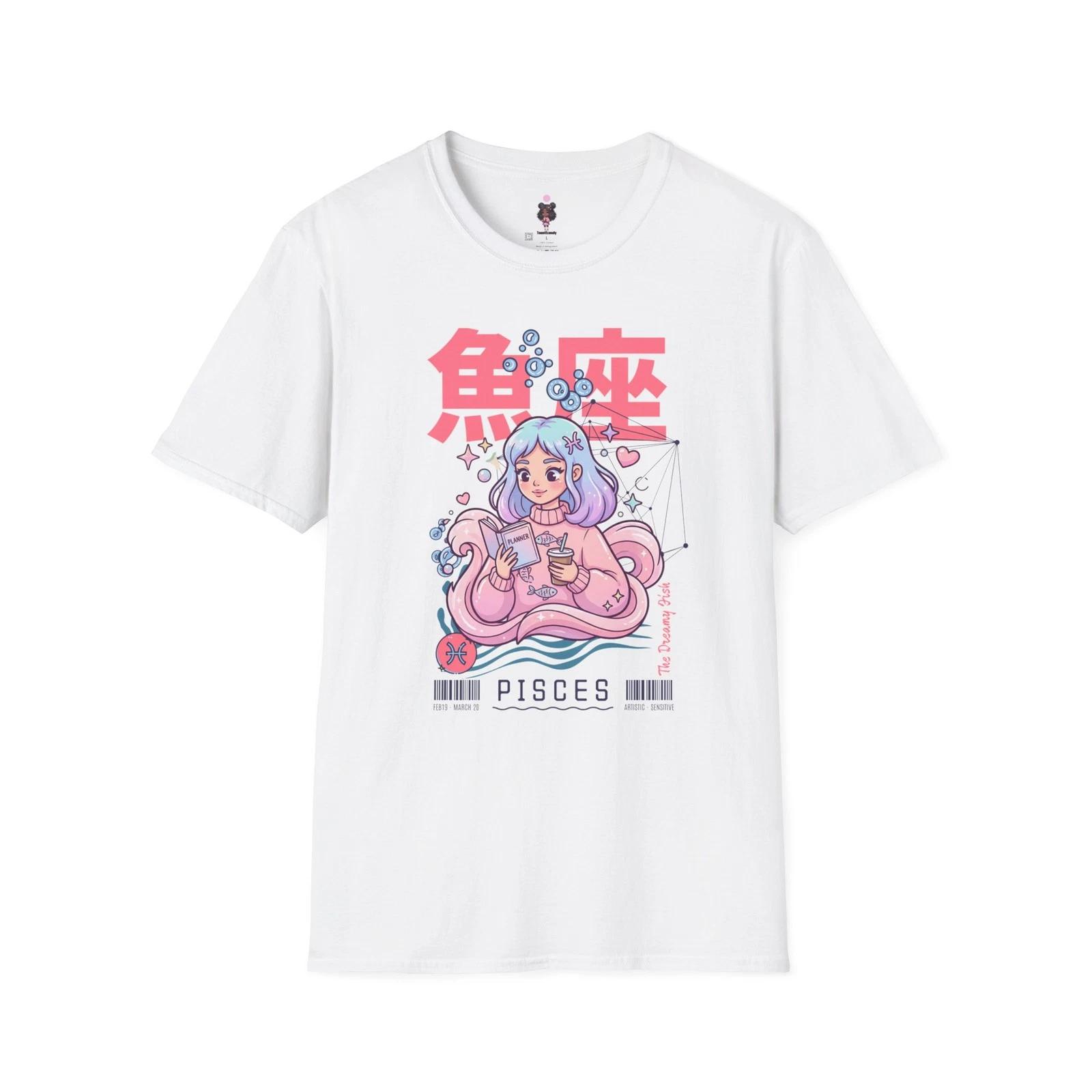 Cute Pisces Girl illustration T-Shirt | Zodiac, Anime-style, Pastel Pink XL