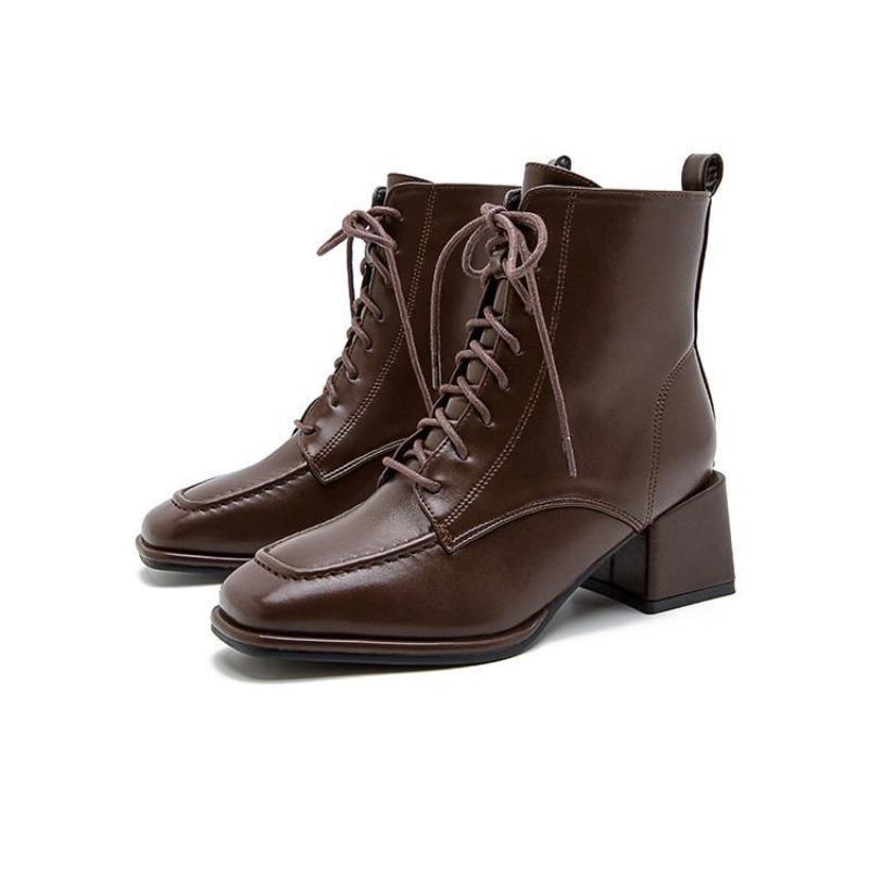 High heel square head single boots autumn and winter new thick heel boots lace-up high short boots Martin boots women