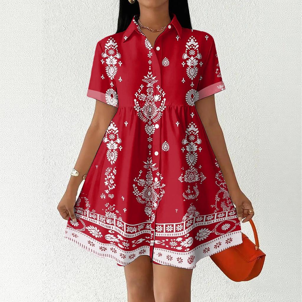 Casual Loose Fit Shirt Dress with Button Front and Stand Collar Short Sleeve Printed Summer Dress for Women