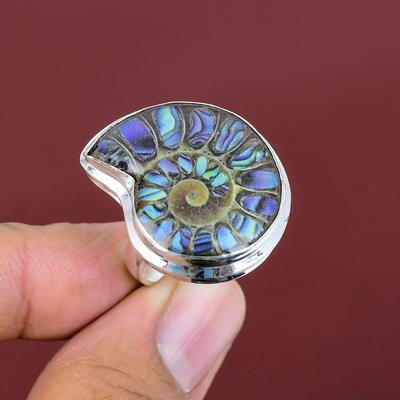 Abalone-Muschel in Ammonit-Doppelopal-Ring Edelstein dezenter Schmuck 925er Sterlingsilberring handgefertigt verstellbarer Ring Statement-Ring Hochzeitsgeschenke