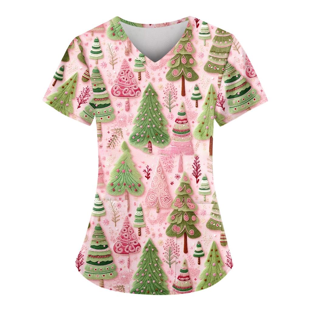 Women's Christmas Printed Uniform Work Uniform V-Neck Pocket Protective Work Uniform