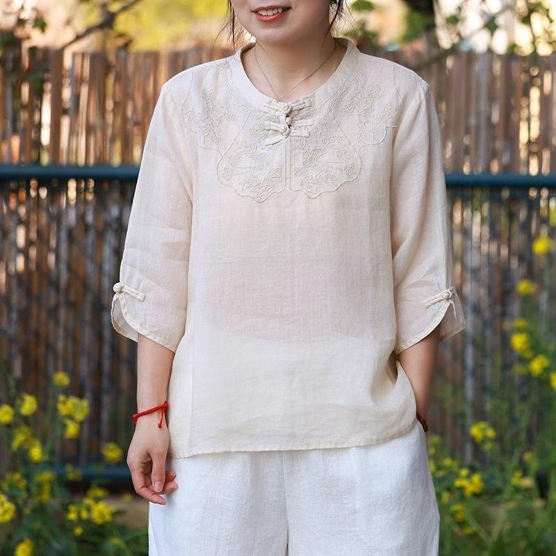 Blusa de Lino y Algodón para Mujer, Estilo Chino, Botón de Rana, Bordado Floral, Manga Tres Cuartos