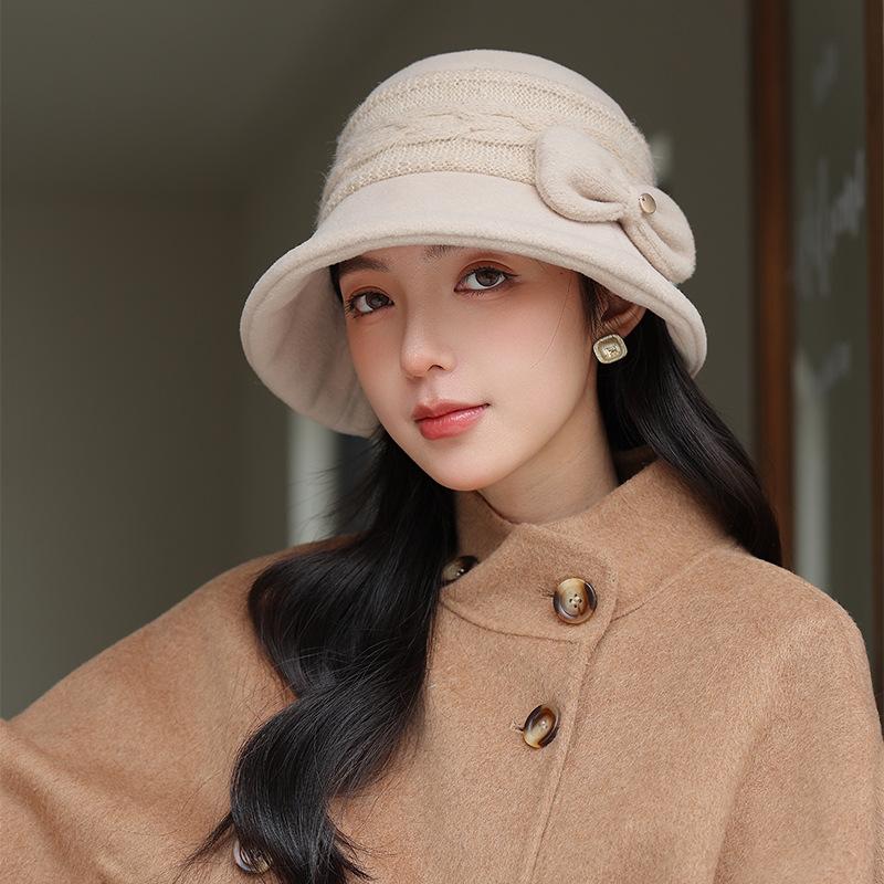 Women S Vintage Bowknot Bucket Hat Warm Fall Winter Elegant Face Slimming Hat