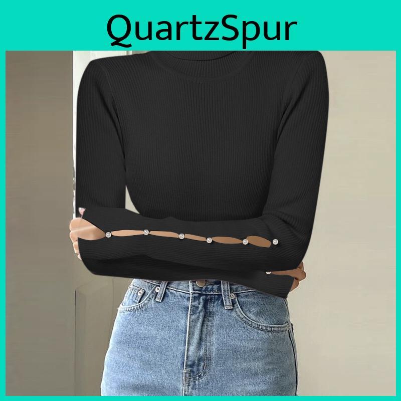 Vonda Autumn Winter Women High Neck Pearl Decorated Long Sleeve Striped Sweaters Undershirts