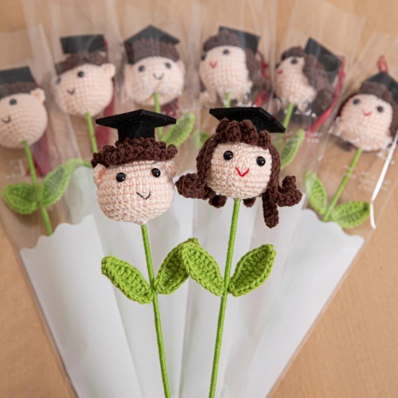 Soft Yarn Crochet Boy/Girl/Dog Flower Bouquet with Graduation Hat Academic Achievement Gift for Students and Teachers
