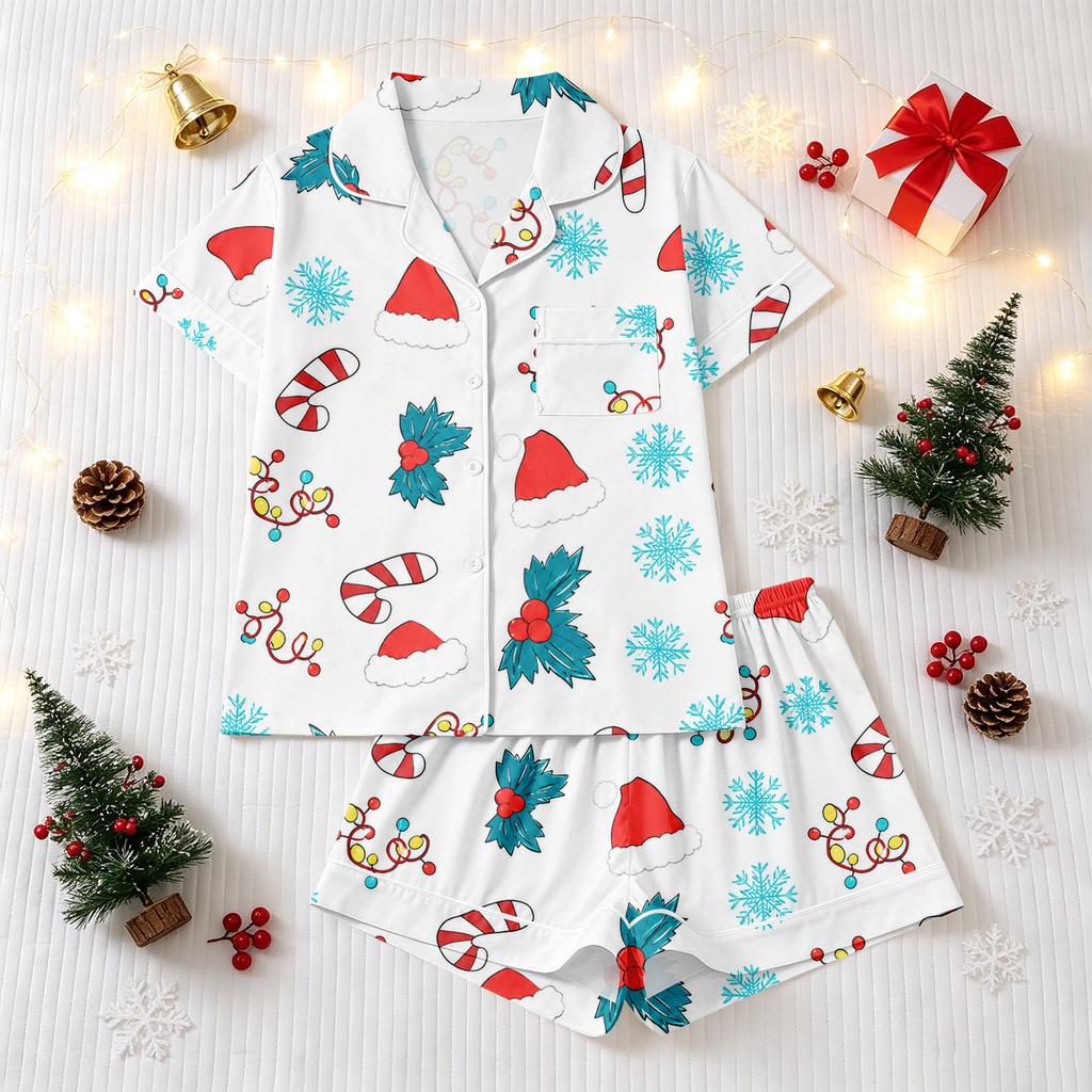 Women's Christmas Pajama Set Short Sleeve Button Down Shirt and Shorts Sleepwear