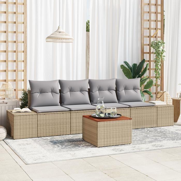 VidaXL Ensemble de Canapé de Jardin 5 Pièces avec Coussins Beige Rattan Acacia 3347889