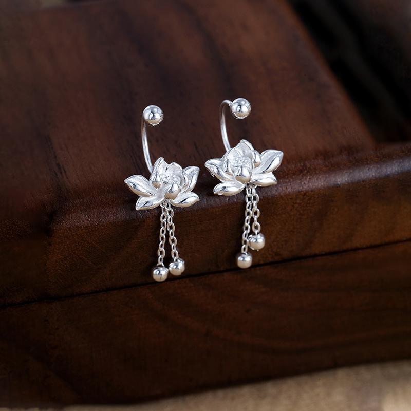 YILUOCD 925 Sterling Silver Lotu Flower Stud Earrings Vintage Tassel Flower Earrings for Women Cute Sweet Irregular Jewelry