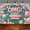 2D plane 13th birthday party banner background - OMG youth theme, with pink and blue balloons