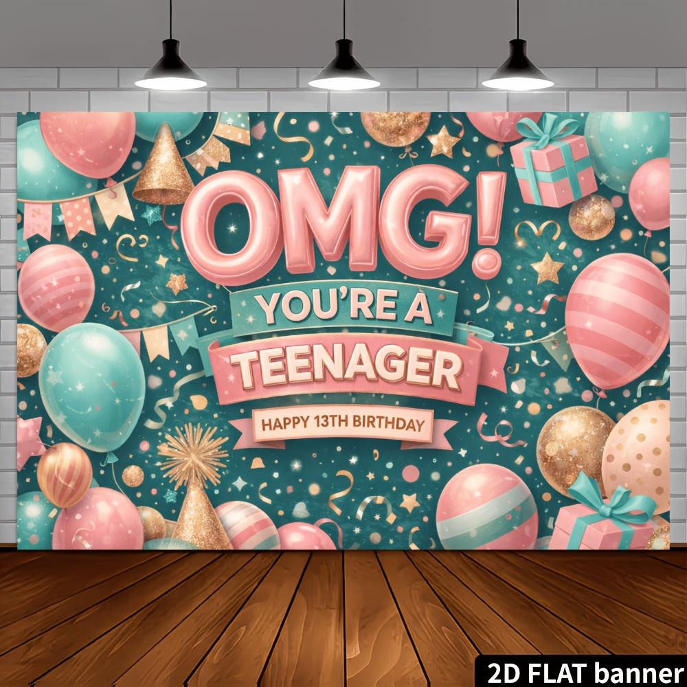 2D plane 13th birthday party banner background - OMG youth theme, with pink and blue balloons