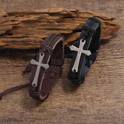 Pulseira Cruz Punk Metal Retro Bíblia Couro de Vaca Tecida à Mão Ajustável Joia Cristã Unissex Presente para Homens Mulheres