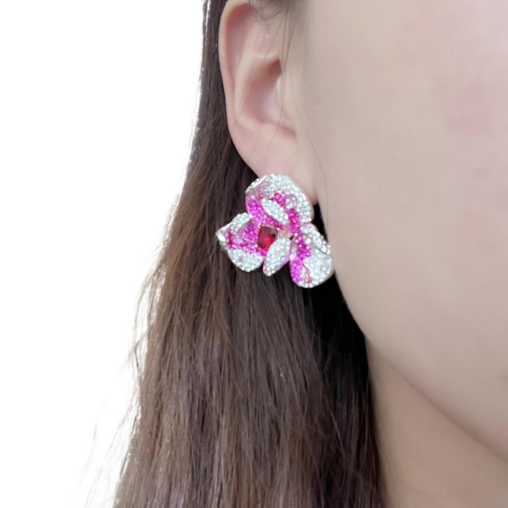 Exquisite Ruby and Diamond 3D Flower Stud Earrings