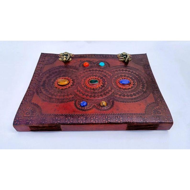 LARGE Leather Journal Handmade Journal 7 Stones On Top Handcrafted with Pure Leather Blank Spell Book of Shadows Grimoire Deckle Edge Paper