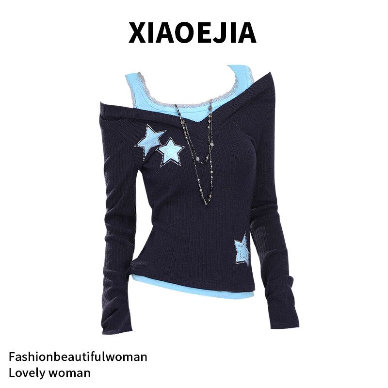 

Xiaoejia Fake Two-Piece Knitting off-the-Shoulder T-shirt Women s Spring and Summer Sling Silm Sexy Tops Tibetan Blue S