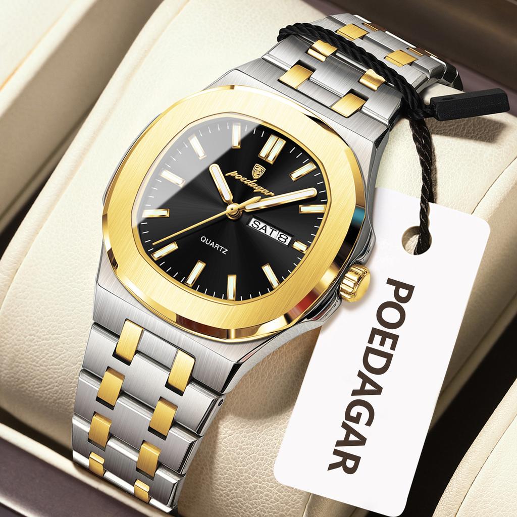 POEDAGAR Square Woman Watch Date Week Waterproof Luminous Ladies Watch Stainless Steel Quartz Fashion Watches Gift